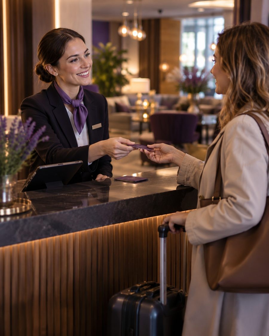 Recepciós kulcskártyát ad át egy érkező vendégnek