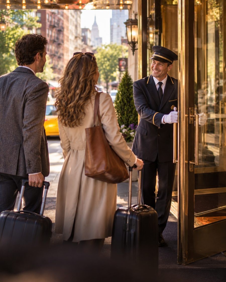 Portás fogadja az érkező vendégeket egy New York-i szálloda bejáratánál